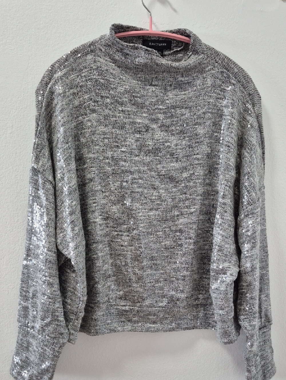Sanctuary Silver-Gray Sequin Mock Neck Sweater